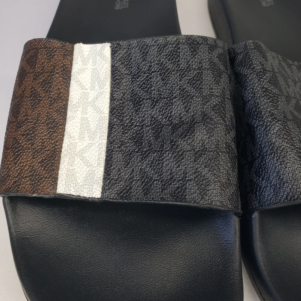 Michael Kors Black Brown Slide Mini Logo Sandals
